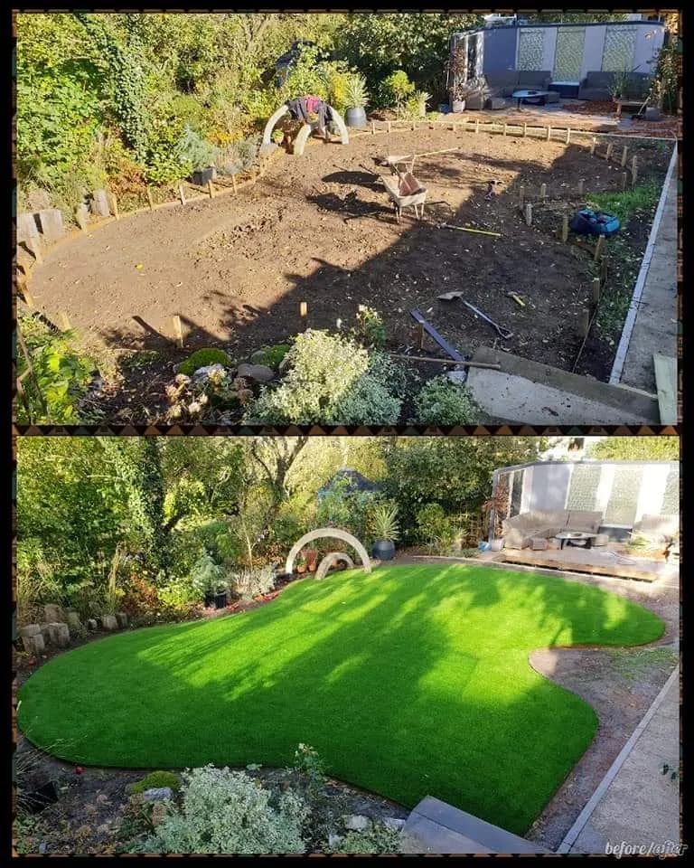 Garden before and after artificial lawn installation