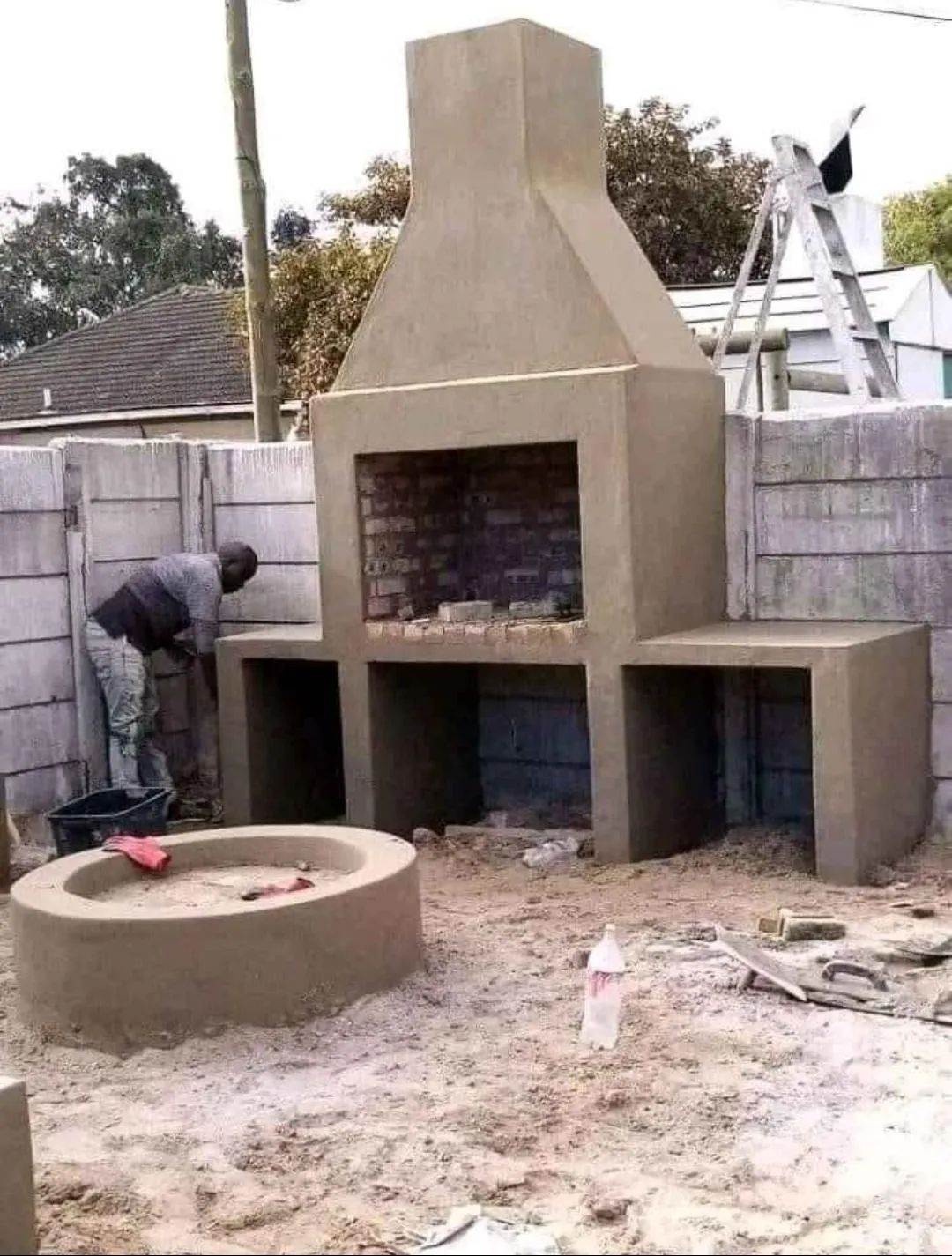 Plastered braai and fire pit under construction